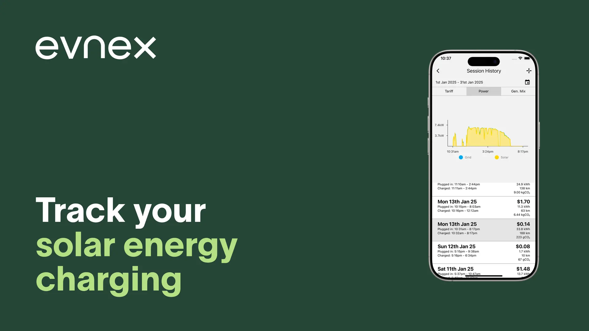 Evnex app graphic showing solar energy used for EV charging