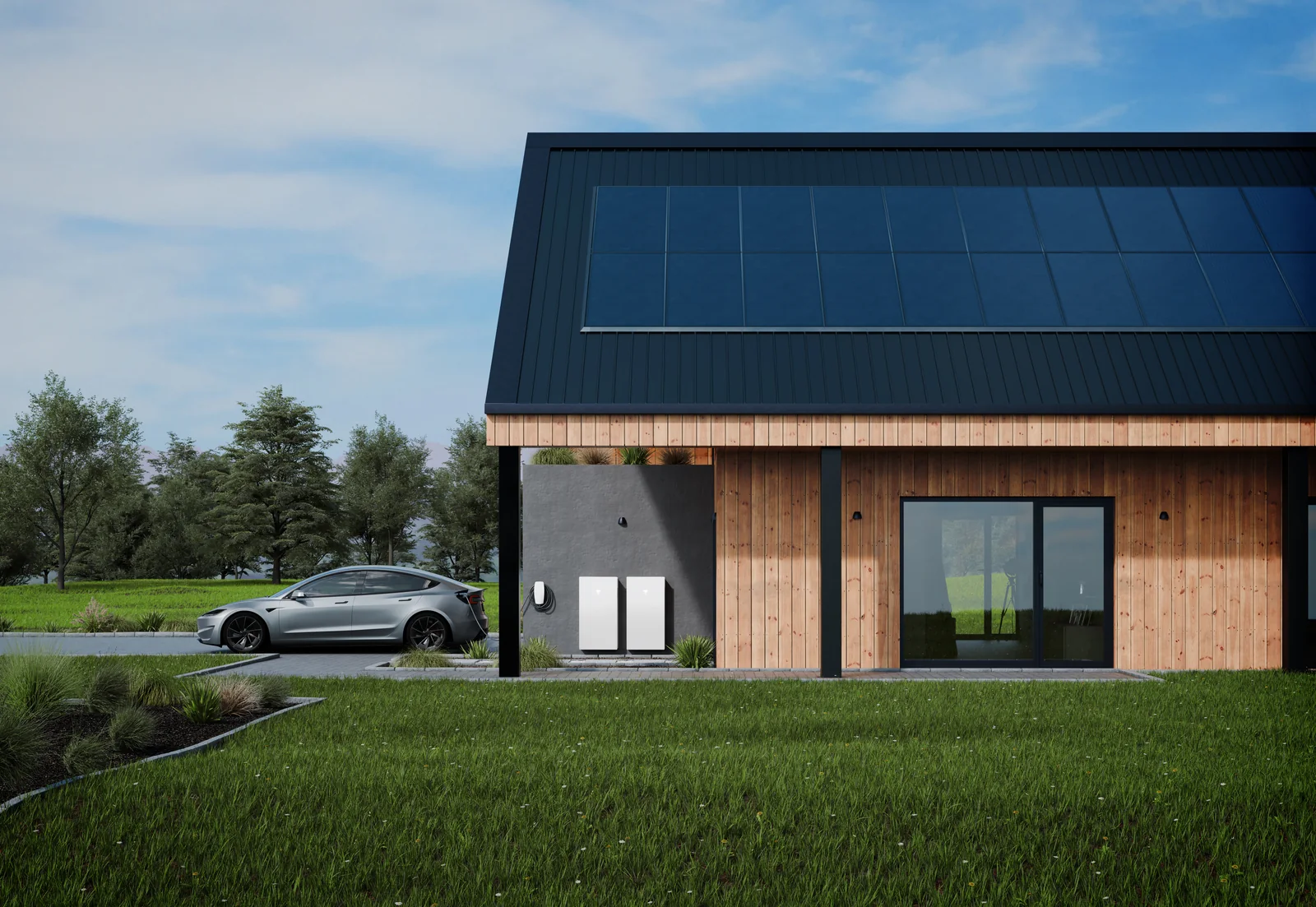 Two Tesla Powerwall units installed outside a solar-equipped home beside a vehicle in daylight