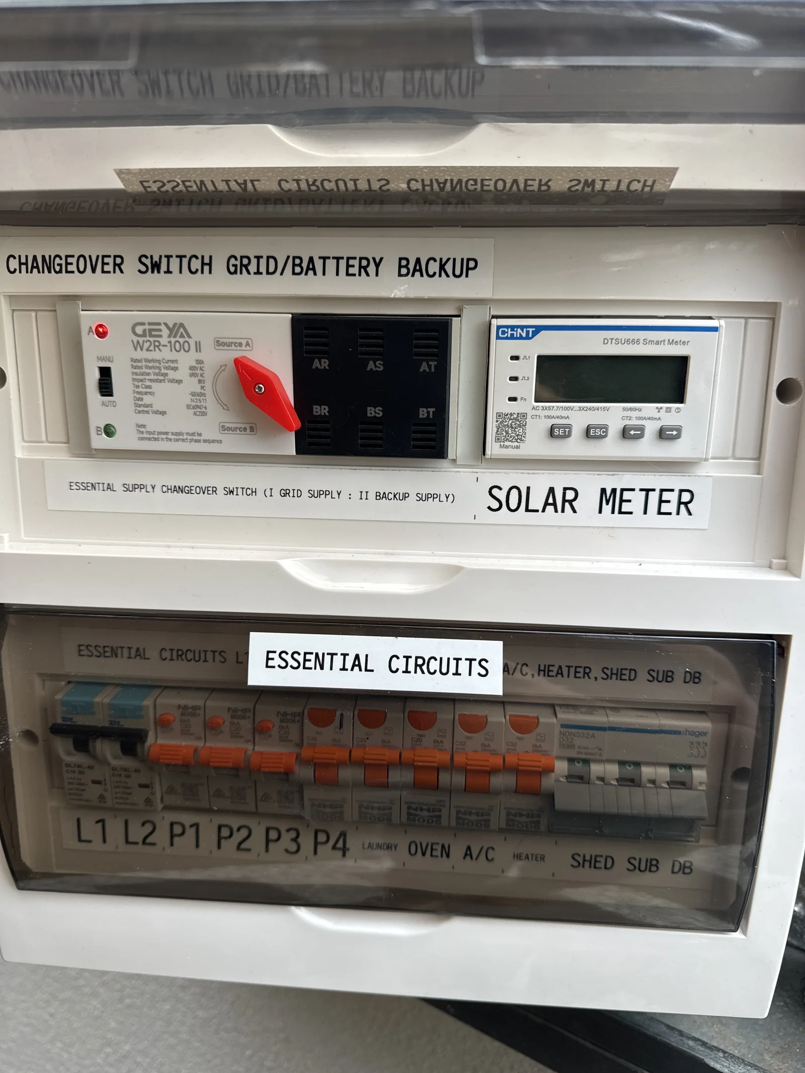 Battery backup changeover switch, solar meter and essential circuits board